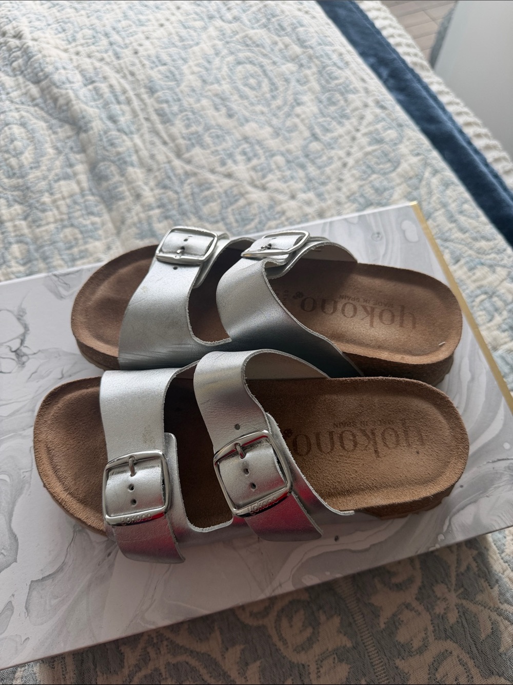 Silver Double-Buckle Slide Sandals for Women - Comfortable Footbed